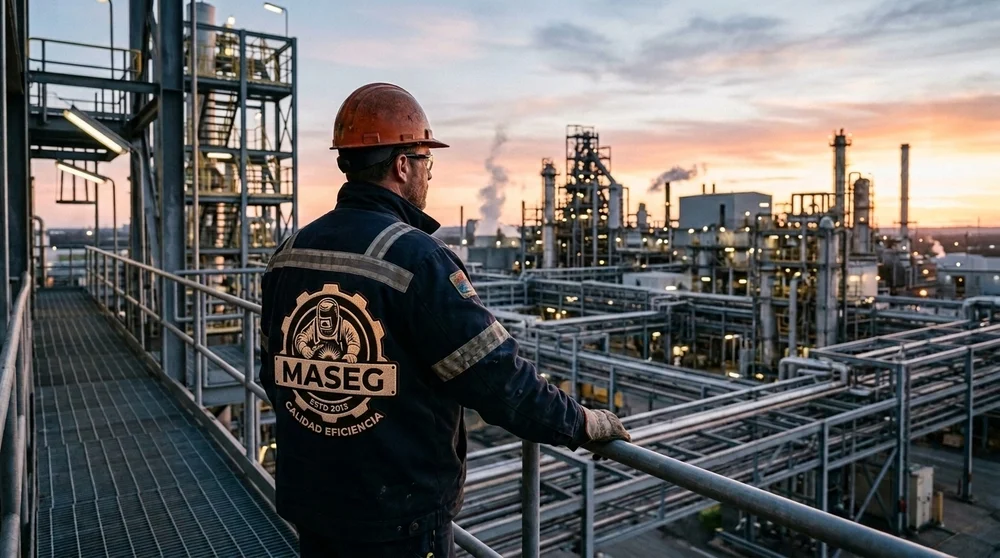 Especialista técnico de MASEG supervisando operaciones industriales con estrictos estándares de seguridad y calidad